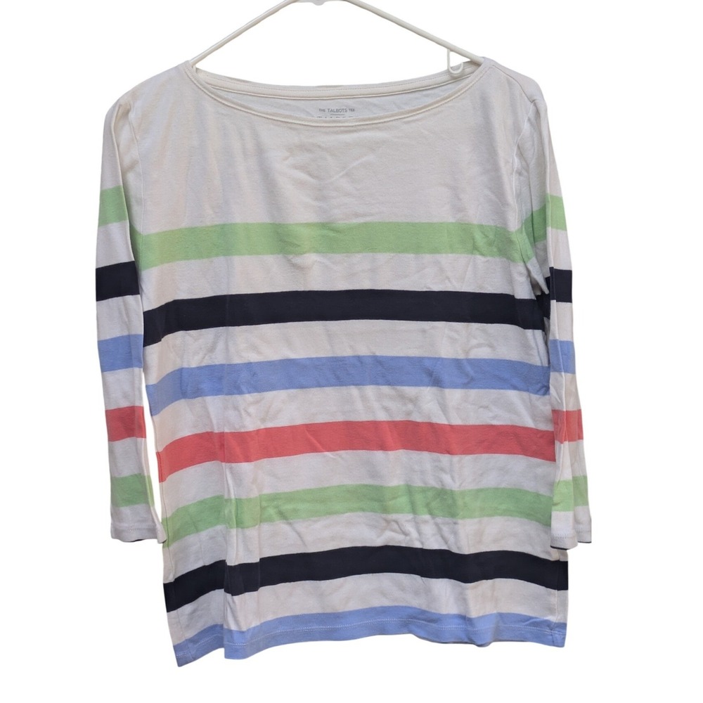 Talbots Petite Large Multi Color Striped Boatneck 3/4 Sleeve Cotton Tee Shirt - Picture 2 of 4
